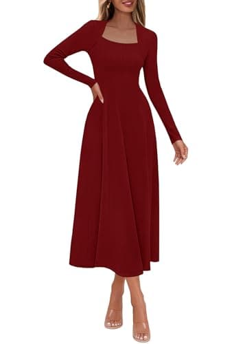 Lazysmile Long Sleeve Fall Dresses for Women Square Neck A Line Flowy Casual Elegant Wedding Guest Party Maxi Dress Wine Red - Image 1