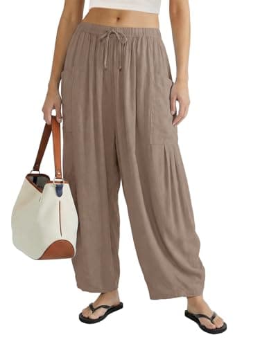 COCOMARTS Womens Linen Wide Leg Palazzo Pants Casual Loose Elastic Drawstring Flowy Pant 2025 Fall Travel Baggy Harem Pants with Pocket Coffee X-Small - Image 1