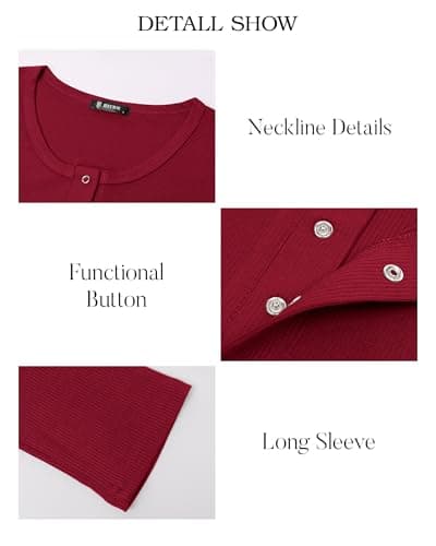 BTFBM Women Long Sleeve Shirts Fall Tops V Neck Button Up Henley Shirts Slim Fit Ribbed Knit Spring Casual T-Shirts 2026(Red,Medium) - Thumbnail 4