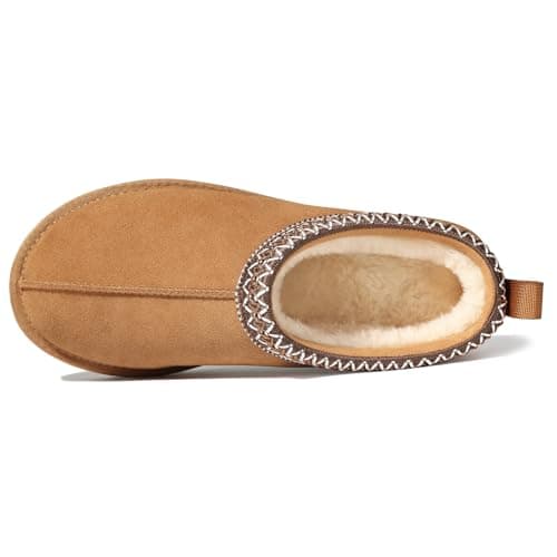 bebealy Genuine Suede Fuzzy Slippers for Women Winter Warm House Shoes Cozy Mini Boots for Indoor Outdoor, Chestnut 39 - Thumbnail 6