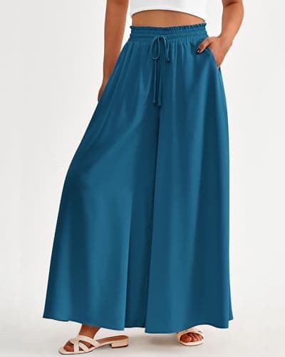 BTFBM Wide Leg Palazzo Pants for Women Casual Flowy High Waist Trousers 2025 Fall Summer Boho Beach Vacation Clothes(Solid Lake Blue, Large) - Thumbnail 3