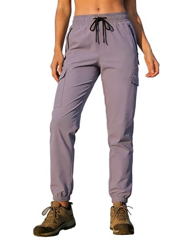 Womens Joggers Cargo Hiking Pants 4 Pockets Water Resistant Quick Dry UPF 50+ Lightweight Elastic Waist Drawstring Casual Work Travel Golf Jogging Purple XL - Image 1