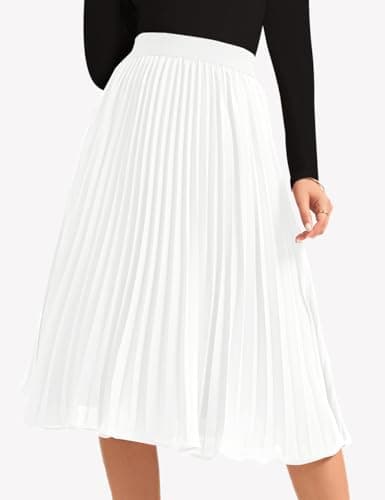 SLOWCOLIN Women's Midi Skirt Elastic High Waist Pleated Skirt Knee Length Swing A-Line Casual Flowy Skirts 2025 White,XL - Thumbnail 4