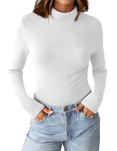 GKBK Womens Long Sleeve Shirts Mock Turtleneck Turtle Neck Fall Fashion Basic Thermal Underwear Layer Tops Tight Slim Fit Cute Ribbed T-Shirts Winter Pullover Clothes 2025 White L - Thumbnail 2
