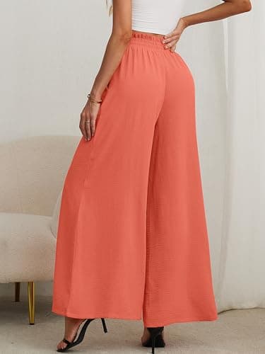 Heymoments Women's Wide Leg Dress Pants with Pockets Coral Medium Lightweight Elastic High Waisted Adjustable Tie Knot Flowy Loose Slacks Lounge Casual Ladies Beach Pleated Trousers - Thumbnail 3