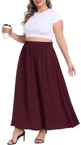 Lastshe Plus Size Maxi Skirts for Women Casual Elastic High Waisted Hide Drawstring Flowy A-line Long Skirt with Pockets,Wine Red,2X - Image 1