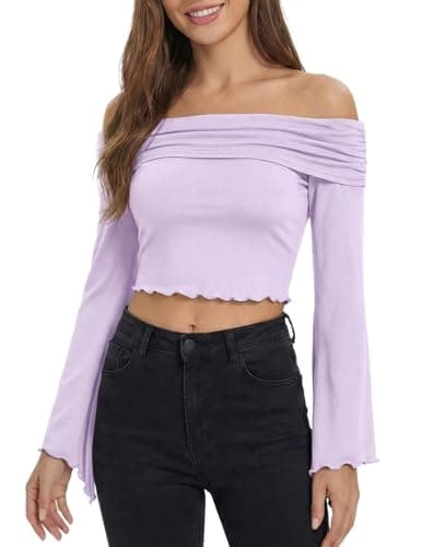ZAFUL Womens Cute Tops Off Shoulder Blouse Long Sleeve Ribbed Knit Y2K Clothes Casual Fitted Date Night Outfit Shirt Purple L - Image 1