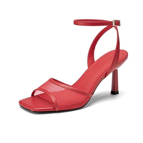 Athlefit Red High Heels for Women Mesh Square Open Toe 3-Inch Stiletto Heels Ankle Strap Buckle Dress Wedding Heeled Sandals Size 6.5 - Image 1