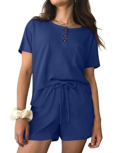 Ekouaer Womens Pajama Sets 2 Piece Ribbed Knit Pjs Short Sleeve Soft Sleepwear Summer Lounge Sets,Navy Blue,M - Image 1