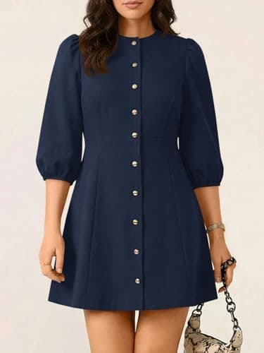 Wenrine Womens Summer Mini Dresses Casual Crewneck 3/4 Lantern Sleeve Button Down A Line Business Work Dress Navy - Thumbnail 2