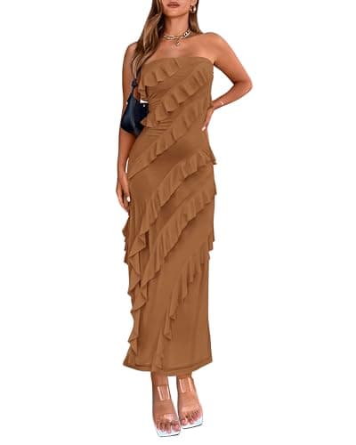 BTFBM Women Summer Elegant Strapless Midi Ruched Bodycon Dress Solid Color Stretch Mesh Slim Party Cocktail Dresses(Light Brown,Small) - Image 1