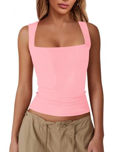 Imily Bela Womens Square Neck Tank Tops Casual Sleeveless Slim Fit Going Out Y2K Summer Cropped Shirts Pink - Image 1