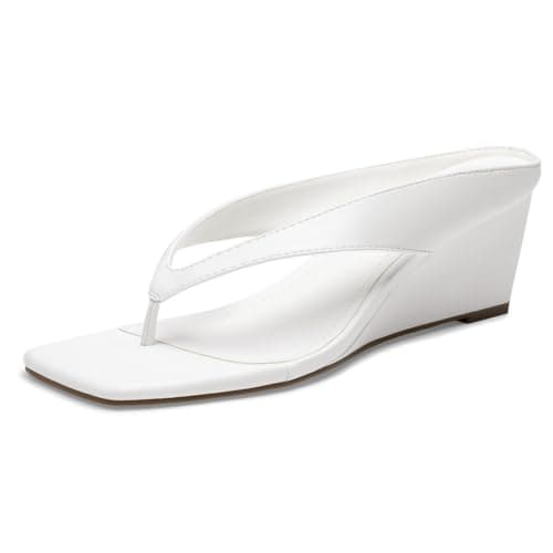 Athlefit Women's Low Wedge Sandals Trendy Dressy Square Open Toe Summer Beach Flip Flops Thong Heeled Sandals, White, Size 8.5, SAPS2613W - Image 1