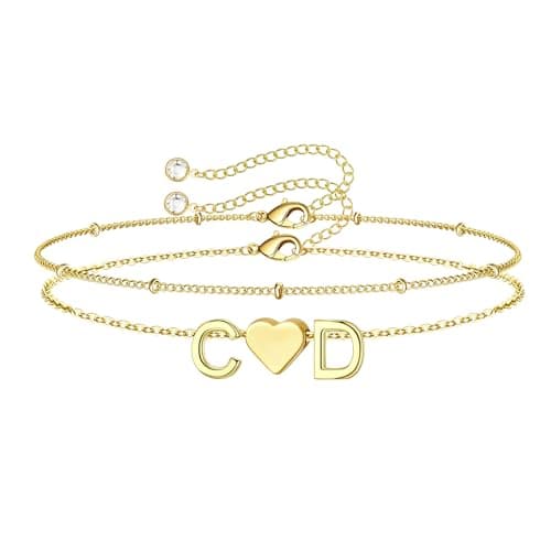Turandoss Heart Initial Bracelets for Women – 14K-Gold-Plated Layered Jewelry with 2 Letters CD, Dainty Bracelets for Women, Gifts for Women - Image 1