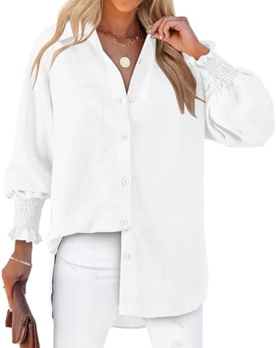 Bellcoco Women's Button Down Shirts Puff Sleeve Oversized Blouses Boyfriends Loose Tunics Casual Work Tops with Pocket（White Shirt XL - Image 1