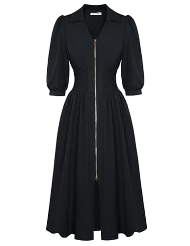 GRACE KARIN Summer Dresses 2026 Casual, V Neck 3/4 Sleeve Dress Elastic Waist, Midi Wedding Guest Cocktail Dresses Pockets Black Size S - Image 1