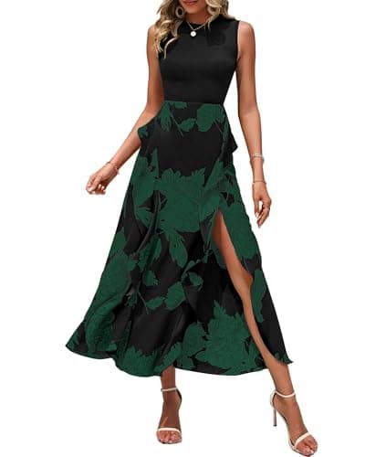 BTFBM Women Casual Sleeveless Summer Dresses 2026 Spring Crewneck Patchwork Boho Floral Ruffle Cocktail Party Midi Dress(Big Floral Dark Green, Small) - Image 1