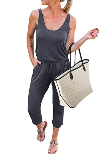 (kirundo 2023 women's summer jumpsuits casual sleeveless jumpsuit drawstring waist long pant romper pajama with pockets(dark grey, small),(Crew Neck,casual,waist) - Image 1
