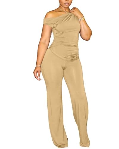 CXXQ Sexy 2 Piece Outfits for Women One Off Shoulder Tops Wide Leg Pant Set Summer Tracksuit Khaki S - Image 1