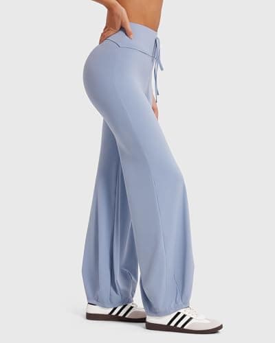 MOOSLOVER Women Bubble Yoga Pants Drawstring Fold Over Flare Leggings Pilates Casual Lounge Pant(XL,Blue) - Thumbnail 2