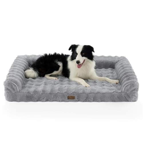 Faux Fur Orthopedic Dog Bed, Extra Large Dog Bed, Supportive Foam Pet Sofa with Waterproof Lining Cover, Washable U-Shaped Pet Couch with Anti-Slip Bottom Design, Grey XXL 48x32x8 inch - Image 1