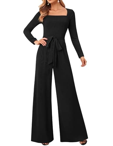 LOOKBOHO Women's Jumpsuits Dressy Casual Long Sleeve Square Neck Belted Wide leg Long Romper One Piece Outfits With Pockets Black S - Image 1