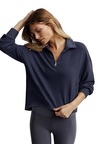 COCOMARTS Womens Sweatshirts Half Zip Pullover Drawstring Waist Sweaters Quarter Zipper Hoodies 2025 Fall Winter Fashion Clothes Outfit Navy Blue Small - Thumbnail 2