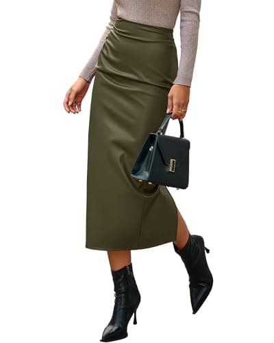 BTFBM Skirts for Women Trendy Spring 2026 Elastic Waist Ruched Bodycon Slit Pencil Midi Leather Skirt Bussiness Casual(Army Green, X-Small) - Image 1