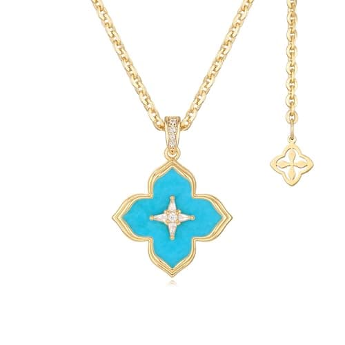 MYEARS Women Gold Necklace Clover Pendant Gemstone Blue Turquoise Cubic Zirconia 14K Simple Dainty Chain Everyday Trendy Lucky Flower Jewelry - Image 1