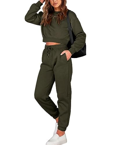 BTFBM Women 2 Piece Outfits Long Sleeve Crop Top Pullover Drawstring Pant Jogger Set Casual Sweatsuits Tracksuit Pockets(Army Green, X-Large) - Image 1