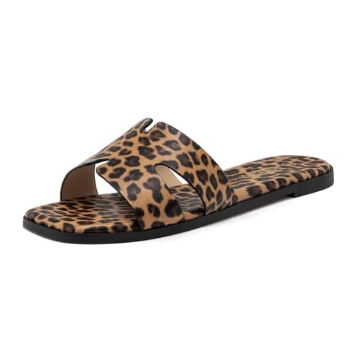 Rihero Women's Dressy Flat Sandals Comfortable Slip On Leather Slide Leopard Sandals - Image 1