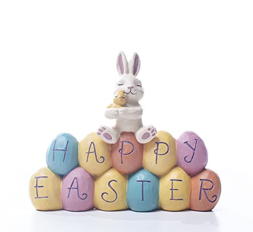 DurableDelights Resin Easter Bunny Figurine Hand-Painted Happy Rabbit Statue Cream Bunny with Eggs Sculpted for Family Collectible for Home Decor H 4.06 Inch - Image 1