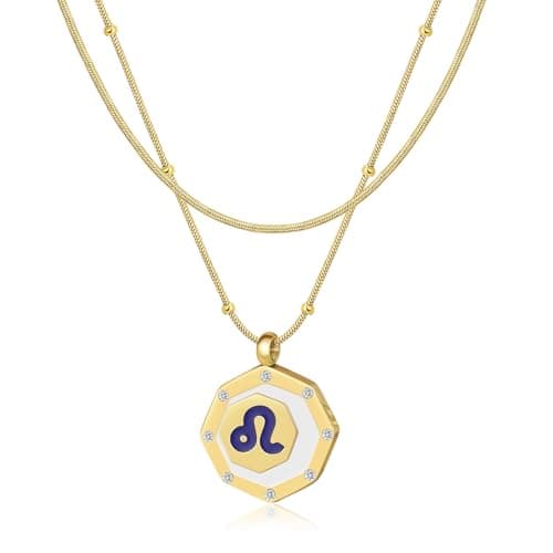 LETFLY Leo Zodiac Necklace for Women, 18K Gold Plated Octagon Shaped Pendant with Cubic Zirconia Adjustable Layered Snake Chain for Womens Jewelry Gifts - Image 1