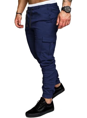 JMIERR Men's Fashion Cargo Pants - Casual Cotton Tapered Stretch Twill Chino Athletic Joggers Sweatpants Lightweight Drawstring Workout Trousers Travel Pants with Pockets for Men, US 34(M), A Blue - Thumbnail 2