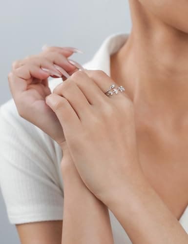 IMOLOVE Moissanite Wedding Bands for Women, 0.2 Carat Simple Moissanite Eternity Adjustable Rings for Women Trendy Elegant Stackable Leaf Rings with 18K White Gold Plated Size 5 - Thumbnail 4