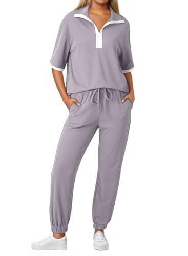 Dokotoo Stylish 2 Piece Outfits for Women Soft Fabrication Solid V Neck Drop Shoulder Short Sleeve Pullover Sweatsuits Matching Lounge Sets Loose Fit Pocketed Jogging Pants Grey Large - Image 1
