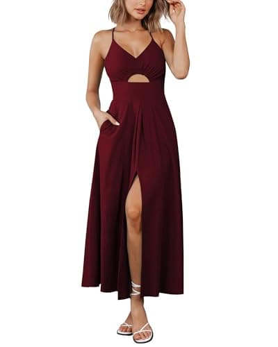 BTFBM Women 2026 Spaghetti Strap Midi Summer Dresses Sleeveless V Neck Cutout Slit Casual Beach Party Maxi Dress Pockets(Wine Red, Large) - Image 1