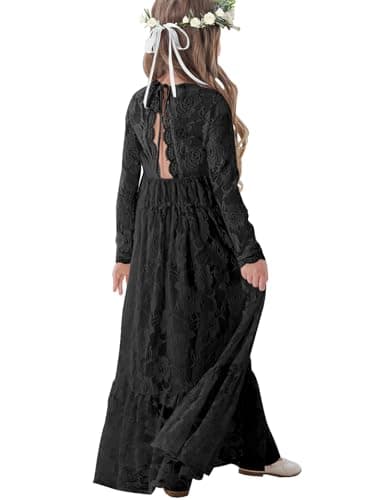 ALLOVIN Toddler & Girls Long Sleeve Lace Flower Girl Dress Maxi Boho A-Line Dress for Wedding Baptism 1st Communion | Black | 8-9Y - Image 1