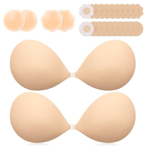 VogaChic Invisible Sticky Bra Push Up, Reusable Adhesive Bra for Backless Dress, Seamless Silicone Nipple Covers for Women's Exotic Bustiers & Corsets (B Cup, Beige, 2PCS)