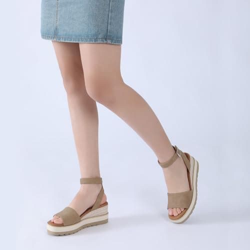 Athlefit Women's Platform Sandals Buckle Ankle Strap Open Toe Espadrille Khaki Wedge Sandals Size 8 - Thumbnail 2