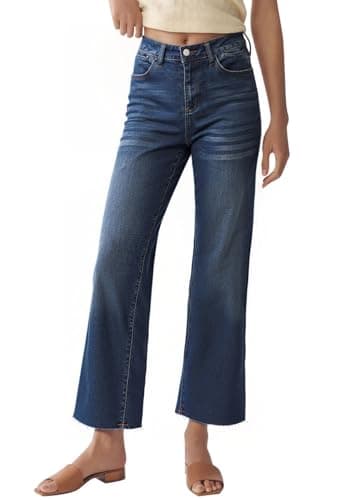 PEIHOT Wide Leg High Waisted Jeans for Women Trendy Stretchy Ankle Straight Leg High Rise Flare Jeans Baggy Denim Pants Dark Blue - Image 1