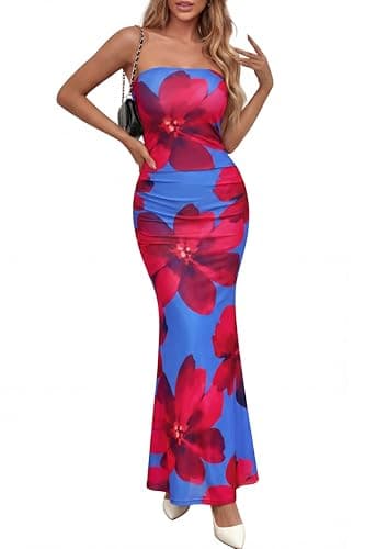 PRETTYGARDEN Womens Spring Dresses 2026 Sexy Strapless Tube Bodycon Mesh Ruched Floral Maxi Dress Wedding Club Outfits(Blue Red Flower,Small) - Image 1