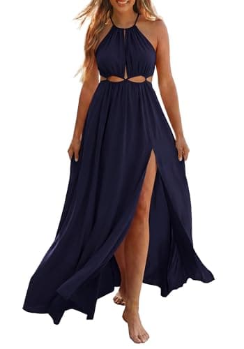 BTFBM Women Halter Summer Dresses 2026 Sleeveless Cutout Backless Sundress Slit Boho Maxi Beach Wedding Guest Dress(Navy, Large) - Image 1