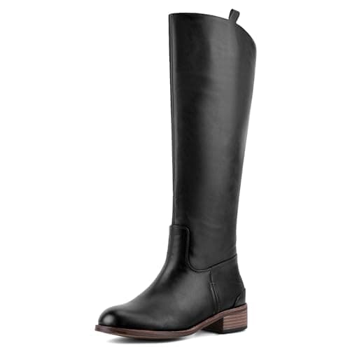QIV Womens Black Knee High Boots – Round Toe Riding Boots with Low Block Heel, Back Zip, Long Tall Fashion Style for Fall & Winter Size 7.5 - Image 1