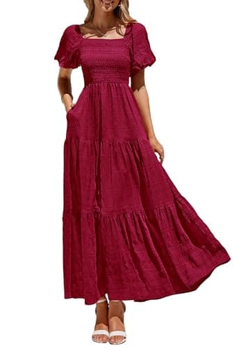 PRETTYGARDEN Womens Summer Puff Short Sleeve Maxi Dress Square Neck Smocked Tiered Ruffle A Line Long Flowy Beach Dresses (Wine Red,Small) - Image 1