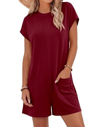 BTFBM Rompers for Women Summer 2026 Casual Dressy One Piece Shorts Tshirt Pants Jumpsuit Beach Vacation Clothes Outfit(Burgundy, Small) - Image 1