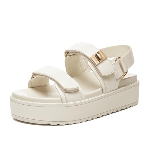 Rihero Women's Comfortable Open Toe Platform Sandals Fashion One Band Summer Dressy Flatform Sandals, Beige, Size 8.5, AD02852 - Image 1