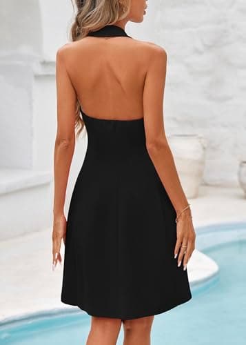 Lazysmile Summer Dresses for Women Sleeveless Halter Lapel V Neck Backless A Line Formal Cocktail Party Short Dress Black - Thumbnail 2