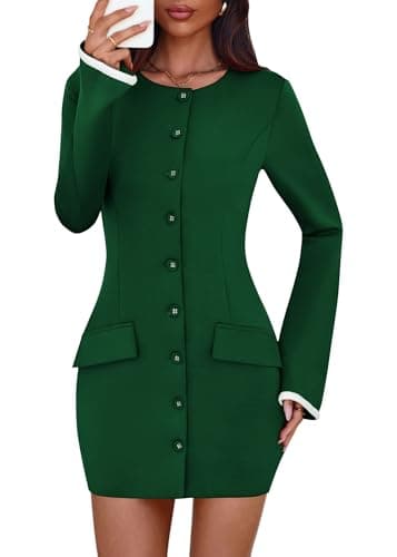 Lazysmile Women's Casual Dresses Long Sleeve Boat Neck Button Down Bodycon Mini Fall Party Club Cocktail Dresses for Women Dark Green - Image 1
