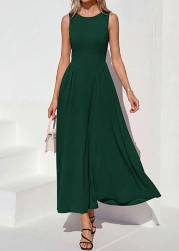 KIRUNDO Wedding Guest Dresses for Women 2026 Summer Semi Formal Work Sleeveless Elegant Boat Neck Flowy A Line Maxi Dress(Dark Green, XX-Large) - Thumbnail 6